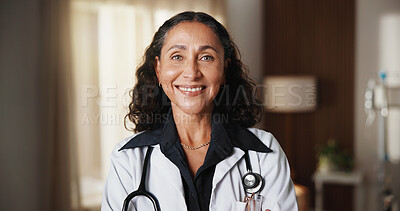 Buy stock photo Medical, portrait or doctor in hospital with smile, clinical service or pride as physician. Happy, ambition or mature woman with confidence, general practitioner or about us in healthcare industry.