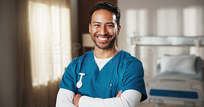 Buy stock photo Happy, crossed arms and portrait of nurse in hospital with confidence for career in medical support. Man, professional and healthcare worker with pride for about us with service at clinic in Colombia