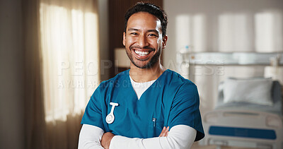 Buy stock photo Medical, portrait and nurse in hospital with arms crossed, clinical service or pride as physician career. Happy, man or doctor with confidence, general practitioner or about us in healthcare industry