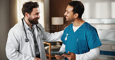 Buy stock photo Doctor, nurse and advice in hospital with tablet, conversation and partnership for medical care. Happy, people and discussion in clinic with digital tech, research and recommendation for healthcare.