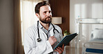 Tablet, man and doctor thinking in hospital for patient diagnosis, reflection or problem solving. Planning, surgeon person or medical insight with tech for telehealth, specialist perspective or idea