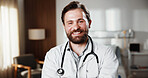Happy, man and portrait of doctor in hospital with confidence for career in medical support. Smile, professional and cardiologist with pride for about us with healthcare service at clinic in Germany.