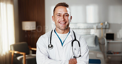Buy stock photo Crossed arms, man and portrait of doctor in hospital with confidence for career in medical support. Smile, professional and cardiologist with pride for about us with healthcare service at clinic.