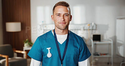 Buy stock photo Portrait, nurse and man in hospital for healthcare, wellness service and career integrity in clinic. About us, male person and medical professional with confidence, surgeon and worker with pride