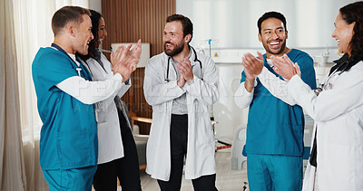 Buy stock photo Medical, team and doctors in hospital with clap, breakthrough and good news in treatment plan. Healthcare, happy and people with applause, surgery success and positive feedback in post operation.