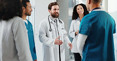 Buy stock photo Doctor, nurse and staff meeting in hospital with discussion, smile or instructions for medical service. Healthcare worker, happy people and manager talk in clinic with advice, update or collaboration