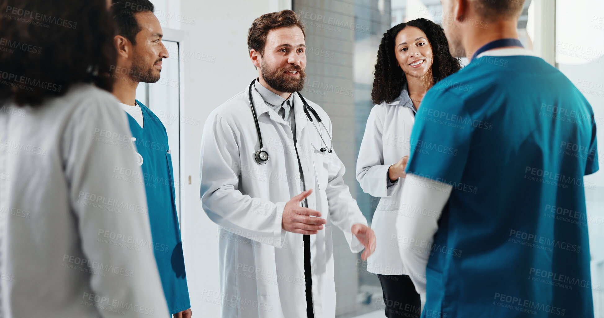 Buy stock photo Doctor, nurse and staff meeting in hospital with discussion, smile or instructions for medical service. Healthcare worker, happy people and manager talk in clinic with advice, update or collaboration