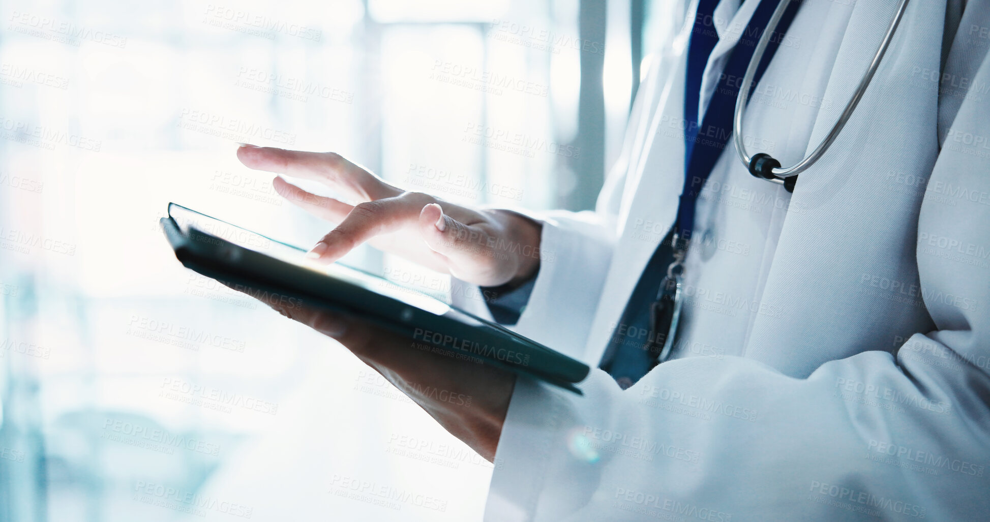 Buy stock photo Hands, doctor and person with tablet in clinic for insurance report, healthcare or scroll email. Technology, medical professional or review for results, typing or research information in hospital