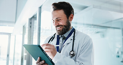 Buy stock photo Hospital, doctor and happy man with tablet for medical email, diagnosis results or review case study. Tech, pen and clinic professional with checklist for admin, healthcare app and assessment report