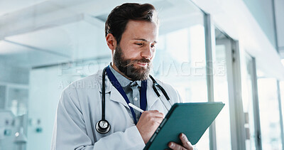 Buy stock photo Hospital, doctor and man with tablet for writing medical update, digital signature or review case study. Tech, pen and clinic professional with admin schedule, healthcare app and assessment report
