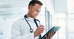 Hospital, doctor and happy man with tablet for review, digital signature or reading case study. Tech, pen and medical professional with diagnosis results, healthcare update and assessment report