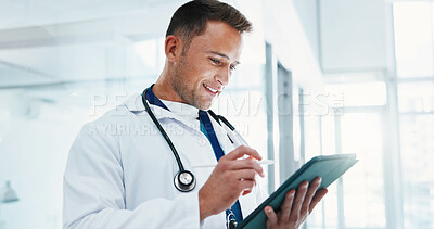 Buy stock photo Hospital, doctor and happy man with tablet for review, digital signature or reading case study. Tech, pen and medical professional with diagnosis results, healthcare update and assessment report
