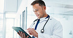 Pen, doctor and man with tablet for review, medical schedule or reading case study in hospital. Tech, stylus and happy professional with diagnosis results, healthcare update and assessment report