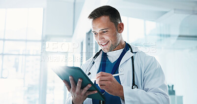 Buy stock photo Pen, doctor and man with tablet for research, medical schedule or reading patient history in hospital. Tech, stylus and happy worker with healthcare update, results and assessment report with flare