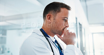 Buy stock photo Healthcare, man and doctor thinking in hospital for patient diagnosis, reflection or problem solving. Planning, surgeon person or medical insight for health prognosis, specialist perspective or idea