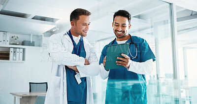 Buy stock photo Healthcare, team and discussion in hospital with tablet, collaboration and research for case study. Happy, doctor and people in clinic with tech, conversation and review patient medical history.