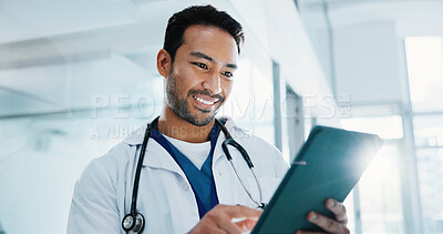 Buy stock photo Medical, doctor and man with tablet for research, schedule or reading patient history in hospital. Technology, happy person and healthcare professional with records, results and assessment report