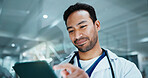 Reading, doctor and man with tablet in hospital for insurance report, healthcare or scroll email. Digital tech, medical professional or review for results, smile or research information in clinic