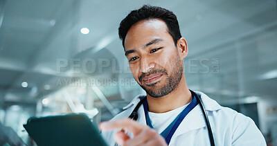 Buy stock photo Reading, doctor and man with tablet in hospital for insurance report, healthcare or scroll email. Digital tech, medical professional or review for results, smile or research information in clinic