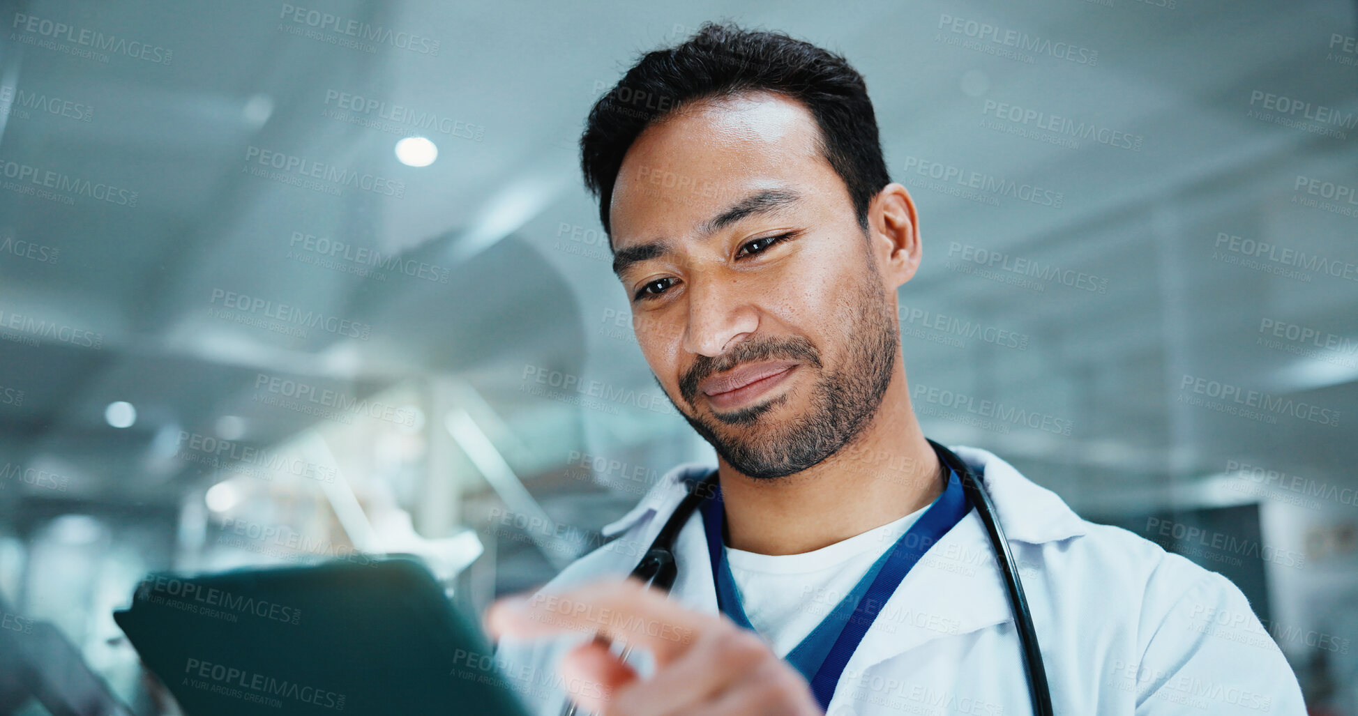 Buy stock photo Reading, doctor and man with tablet in hospital for insurance report, healthcare or scroll email. Digital tech, medical professional or review for results, smile or research information in clinic
