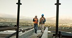 Outdoor, construction and men on rooftop for talking, meeting and building update for architecture. Engineering, contractor and people in conversation for site maintenance, planning or infrastructure