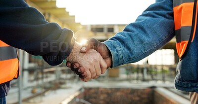 Buy stock photo Shaking hands, men and construction workers on site for deal on building, maintenance or repairs. Scaffolding, industry and civil engineer with contractor for renovation agreement. with handshake.