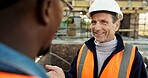 Discussion, men and construction worker with manager in site with planning for building repairs. Happy, teamwork and civil engineer with contractor in collaboration for infrastructure renovation.