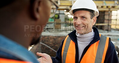 Buy stock photo Discussion, men and construction worker with manager in site with planning for building repairs. Happy, teamwork and civil engineer with contractor in collaboration for infrastructure renovation.