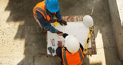 Buy stock photo Construction, above or people with handshake for blueprint agreement, civil engineering or architecture. Architect, contractor and accept floor plan with shaking hands, collaboration deal and project
