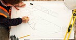 Construction, above and man with sketch for blueprint outdoor, civil engineering or architecture with stationery. Architect, renovation or infrastructure upgrade with floor plan drawing on jobsite