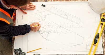 Buy stock photo Construction, above and man with sketch for blueprint, civil engineering or architecture stationery. Architect, renovation contractor or infrastructure upgrade with floor plan drawing on jobsite