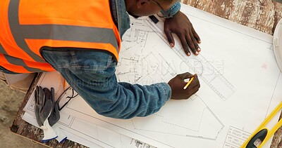 Buy stock photo Construction, top view and man with blueprint sketch, civil engineering or architecture stationery. Architect, contractor renovation or infrastructure upgrade with floor plan drawing on jobsite