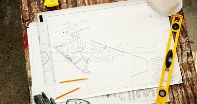 Buy stock photo Construction, above and drawing for blueprint with stationery, civil engineering or architecture. Floor plan, sketch and workspace with ruler, level and expansion design with layout lines
