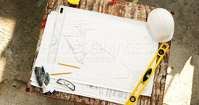 Buy stock photo Construction, top view and sketch for blueprint with stationery, civil engineering or architecture. Floor plan, drawing and workspace with ruler, level and expansion design with layout lines