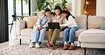 Mother, kids and watching movie in home with laptop, bonding together and online website for cartoon. Happy, woman and girl children in living room with computer, entertainment and streaming show.