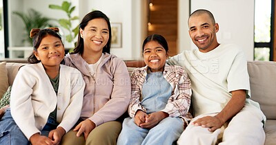 Buy stock photo Family, portrait and relax with children on sofa for weekend, bonding or time together in home. Mom, dad and kids with smile, childhood or protection for holiday, vacation or parenthood in house