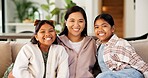 Happy, mom and portrait with children on sofa for weekend break, bonding or relaxing in home. Mother, kids or family with smile, embrace or childhood for holiday, vacation or parenthood in house