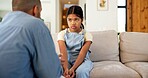 Childcare, parent or kid in home with scolding, behavior challenge or teaching for emotional growth. Upset, warning or family with lesson, conflict resolution or discipline issue in child development