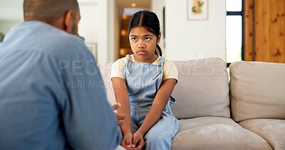 Buy stock photo Childcare, parent or kid in home with scolding, behavior challenge or teaching for emotional growth. Upset, warning or family with lesson, conflict resolution or discipline issue in child development