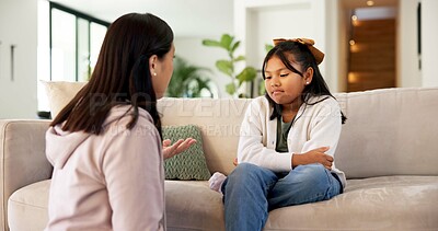 Buy stock photo Childcare, mom or kid in house with scolding, behavior challenge or teaching for emotional growth. Upset, warning or family with lesson, conflict resolution or discipline issue in child development.