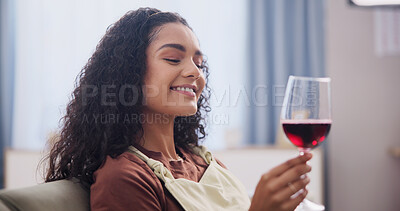 Buy stock photo Break, taste and wine with happy woman on sofa in home living room for test of homemade beverage. Glass, relax and smile with person drinking alcohol in apartment for satisfaction or winemaking hobby