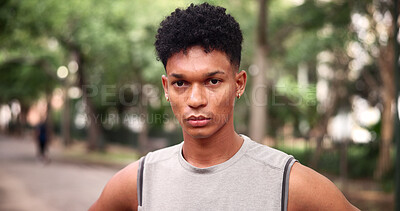 Buy stock photo Fitness, portrait and serious with man outdoor in park for start of cardio training or workout. Commitment, exercise and morning with confident runner in nature for challenge, dedication or health