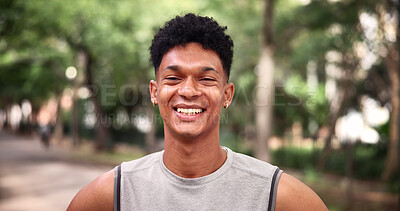 Buy stock photo Fitness, portrait and smile with man outdoor in park for start of cardio training or workout. Commitment, exercise and morning with happy runner in nature for challenge, dedication or health