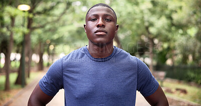 Buy stock photo Fitness, portrait and serious with black man outdoor in park for start of cardio training or workout. Commitment, exercise and morning with confident athlete in nature for challenge or dedication