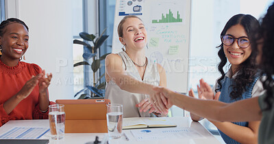 Buy stock photo Business, women and applause with handshake for congratulations, winning or success in office. Happy, female people or employees shaking hands with smile or clapping for achievement in workplace