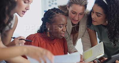 Buy stock photo Frustrated, women or team with bad news for deadline, schedule mistake or missed appointment. Group, employees or colleagues with stress, book or anxiety for wrong reminder or ideas in workplace