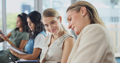 Buy stock photo Team, conference and reading with business woman in office for expo schedule, meeting and audience. Online program agenda, convention and workshop with employees in agency for event and smile