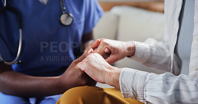 Buy stock photo Nurse, support and holding hands in nursing home with old woman, help or sympathy for medical diagnosis. Caregiver, senior person and comfort in retirement with health condition, empathy or kindness.