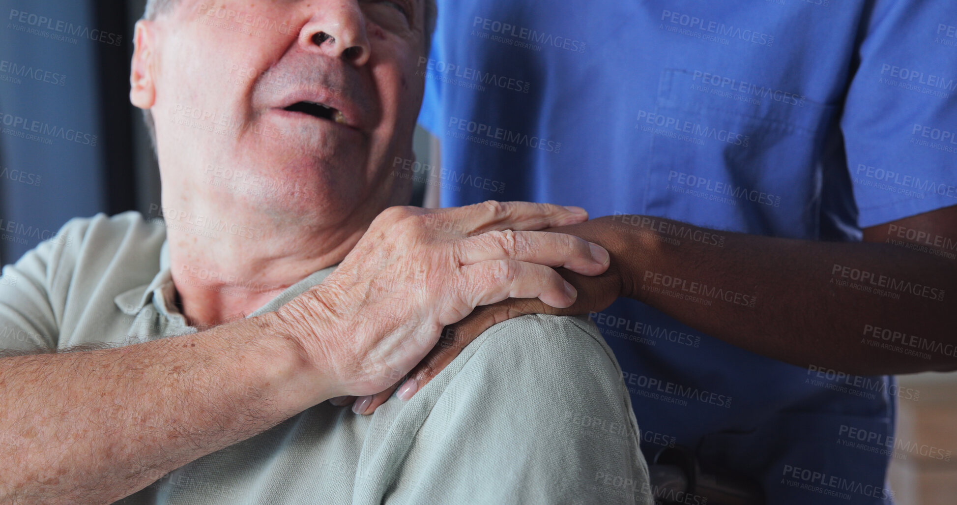 Buy stock photo Holding hands, support and nurse with senior man in nursing home for empathy, consoling or help. Comfort, healthcare advice and caregiver with elderly patient in retirement for medical checkup.