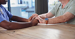 Caregiver, help and holding hands in house with old man, empathy and comfort for medical diagnosis. Nurse, senior person and console in home with support, compassion or sympathy for health condition.